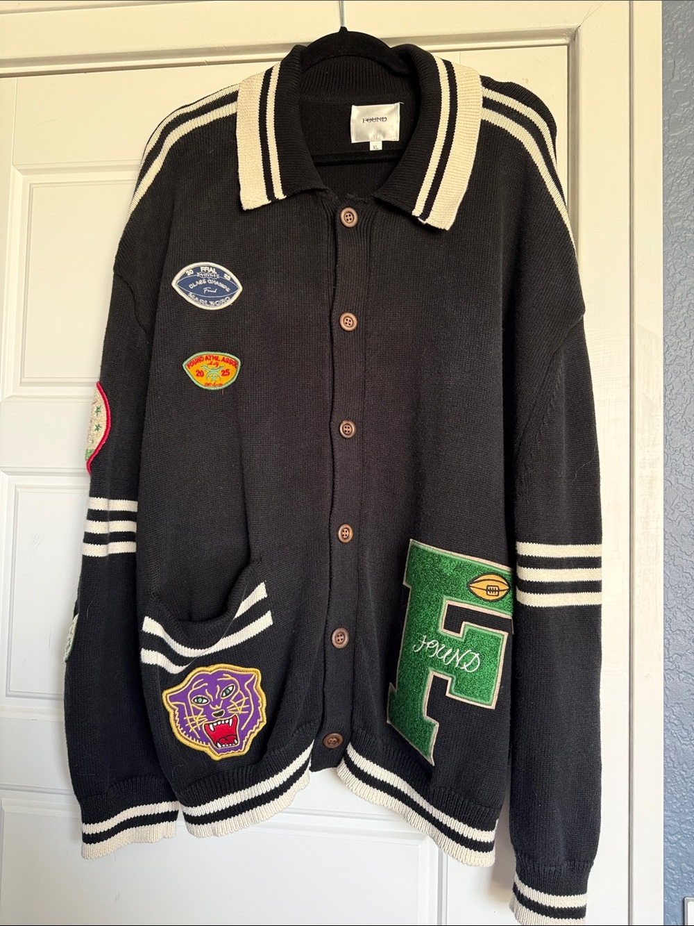 Found Varsity Cardigan with embroidery patches XL EUC